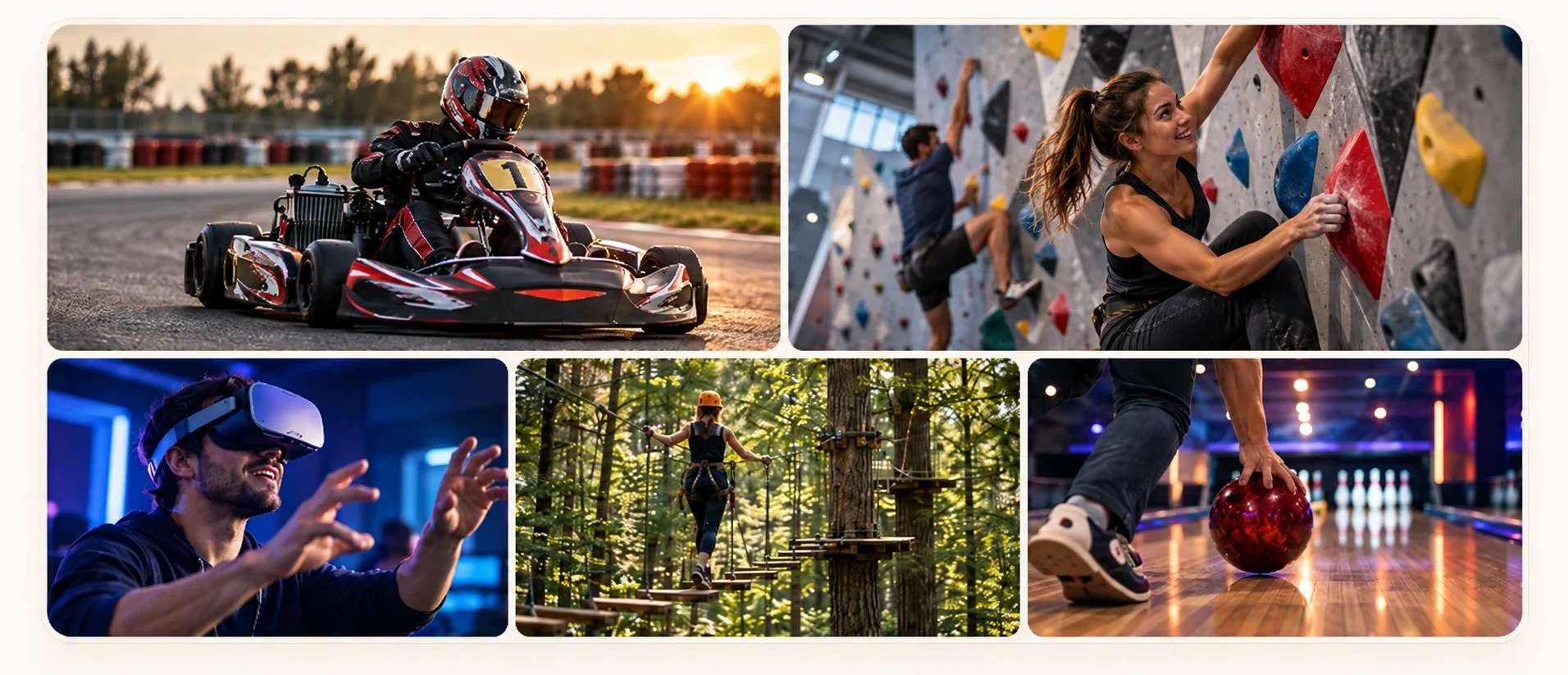 Pêle-mêle Rainbooking Loisirs : karting, escalade indoor, réalité virtuelle, accrobranche et bowling